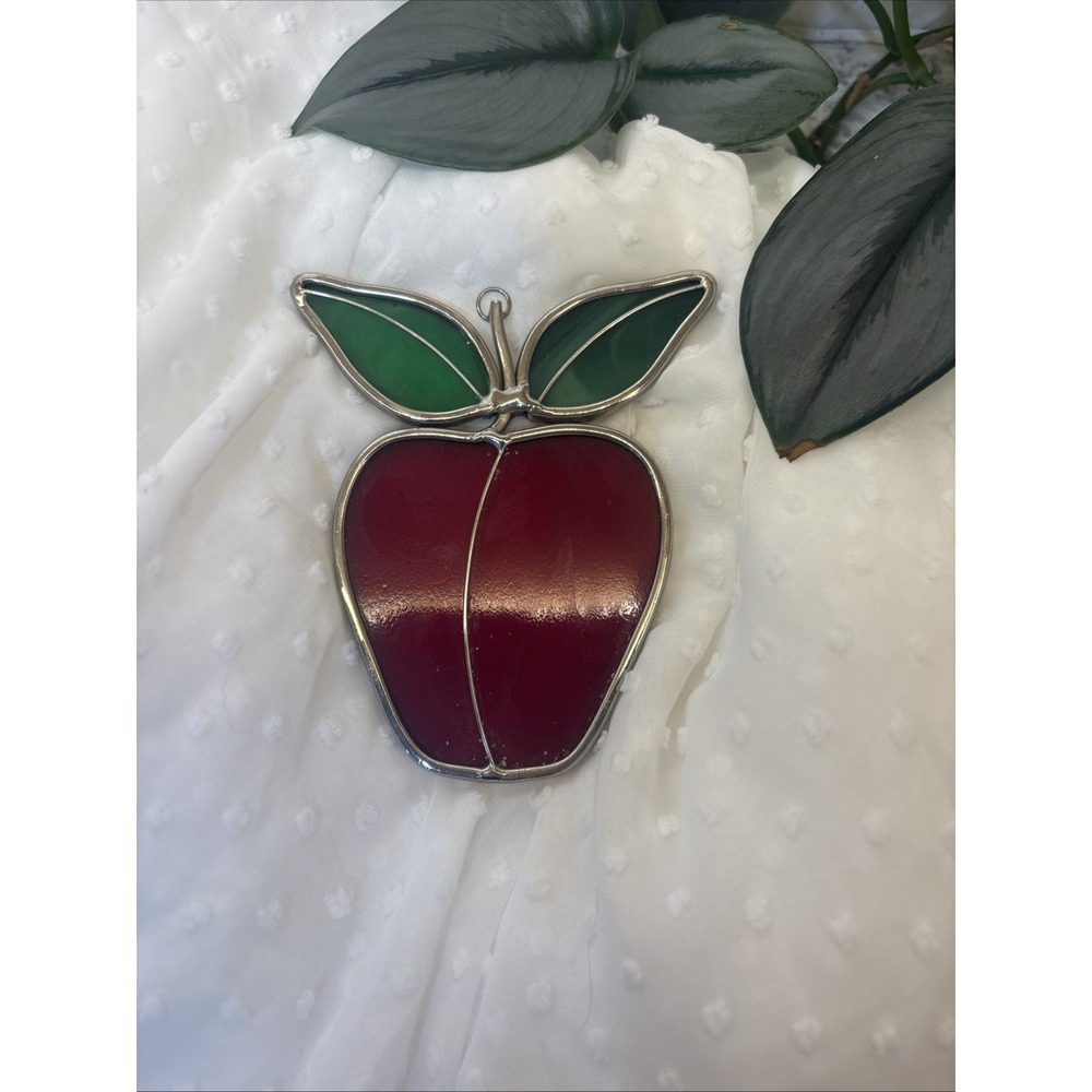Vintage Stained Glass Suncatcher Apple Green Red Fruit Teacher Hanging Decor